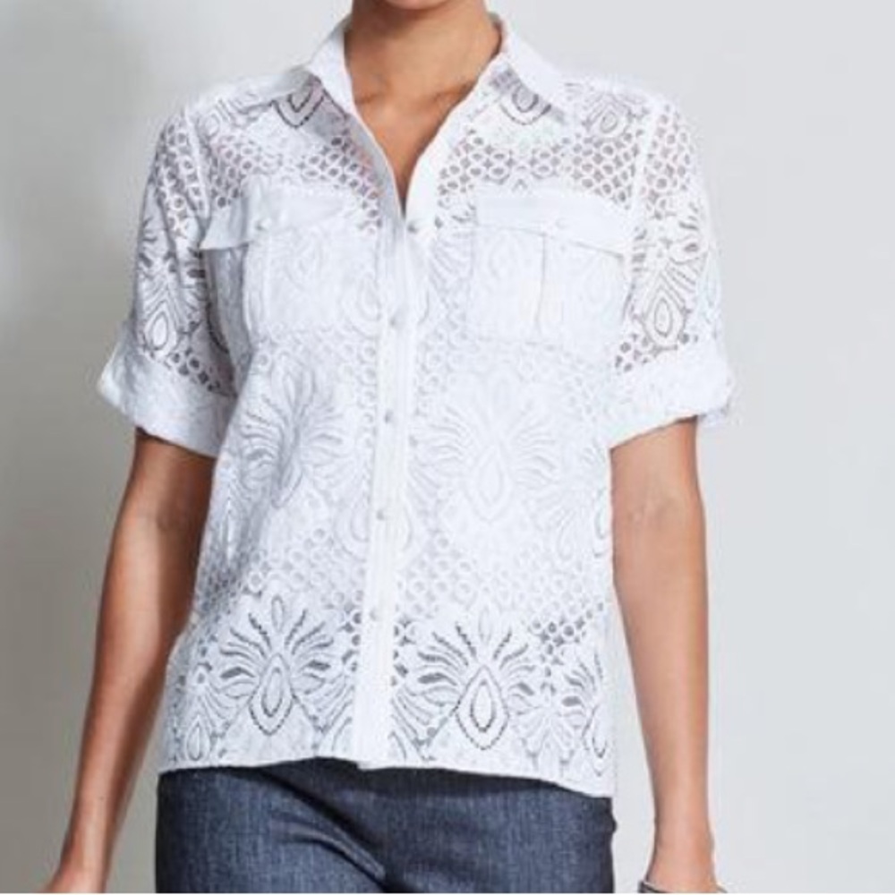Elie Tahari Lace Blouse Delicate Details Scalloped Collar Modern Classic Linen